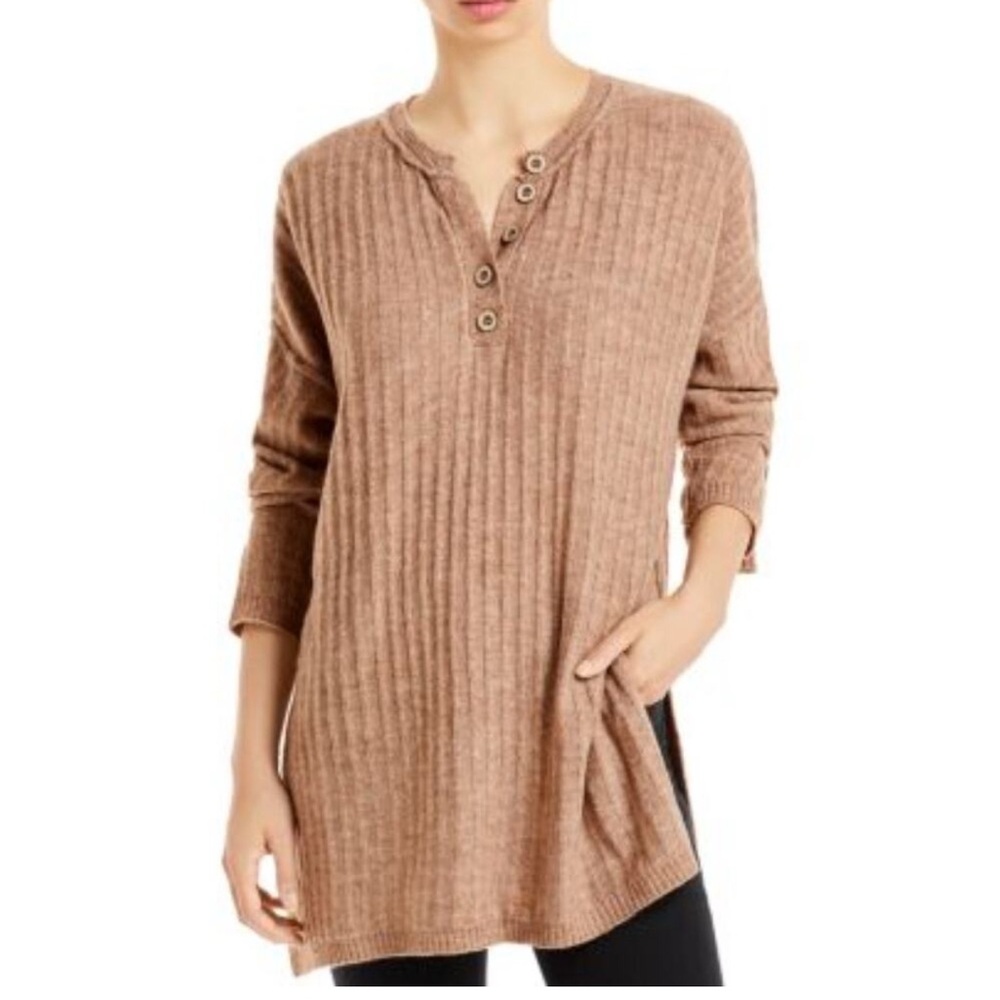 Free People intimately Women's Oversized Heather Tan Henley Sweater Sz M